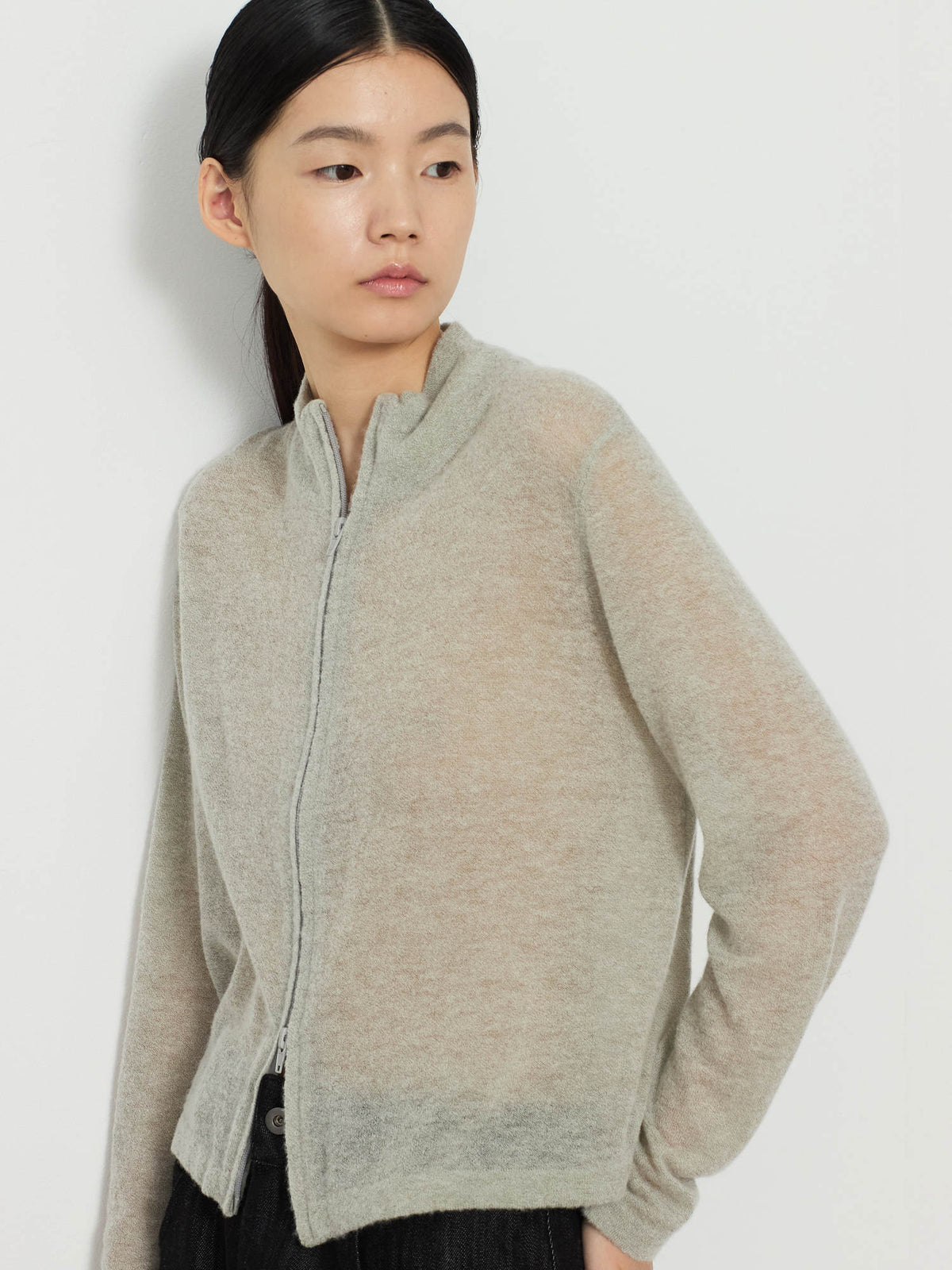 TWO-WAY ZIP-UP KNIT CARDIGAN [LIGHT KHAKI] 7