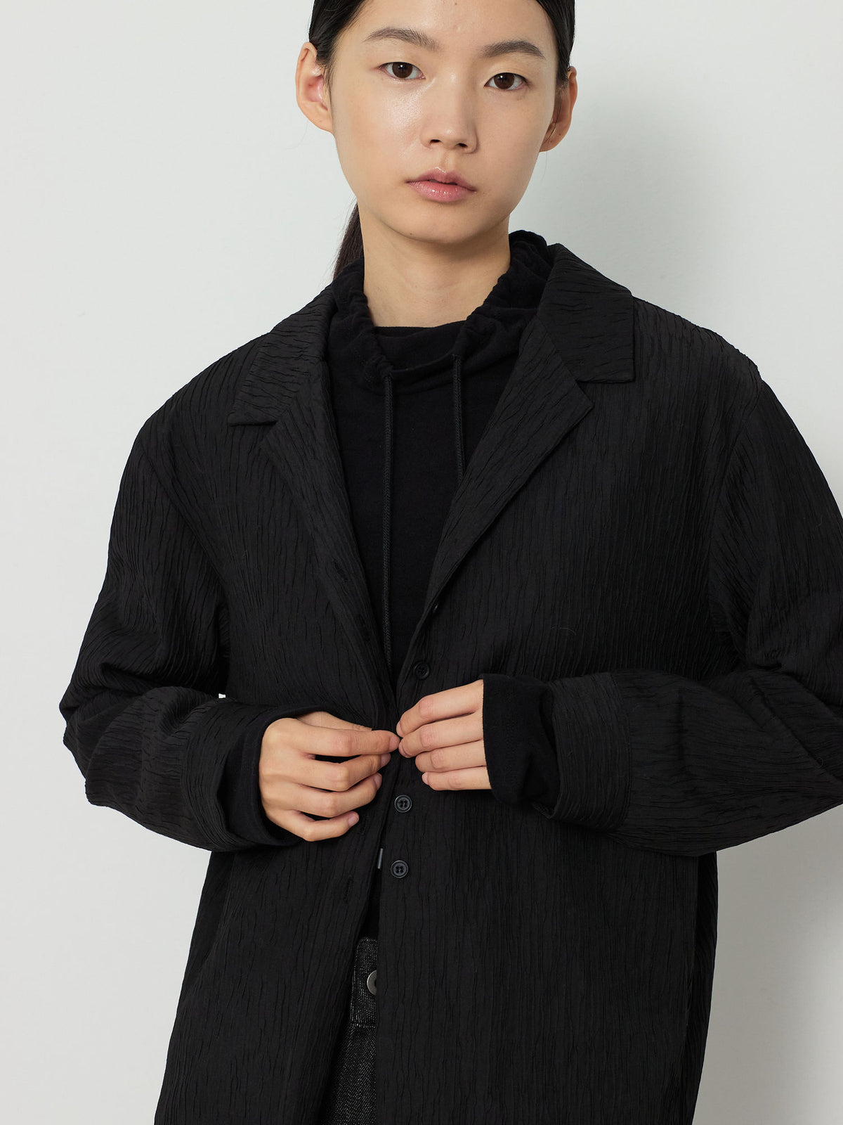 OPEN COLLAR PLEATS SHIRTS [BLACK] 8
