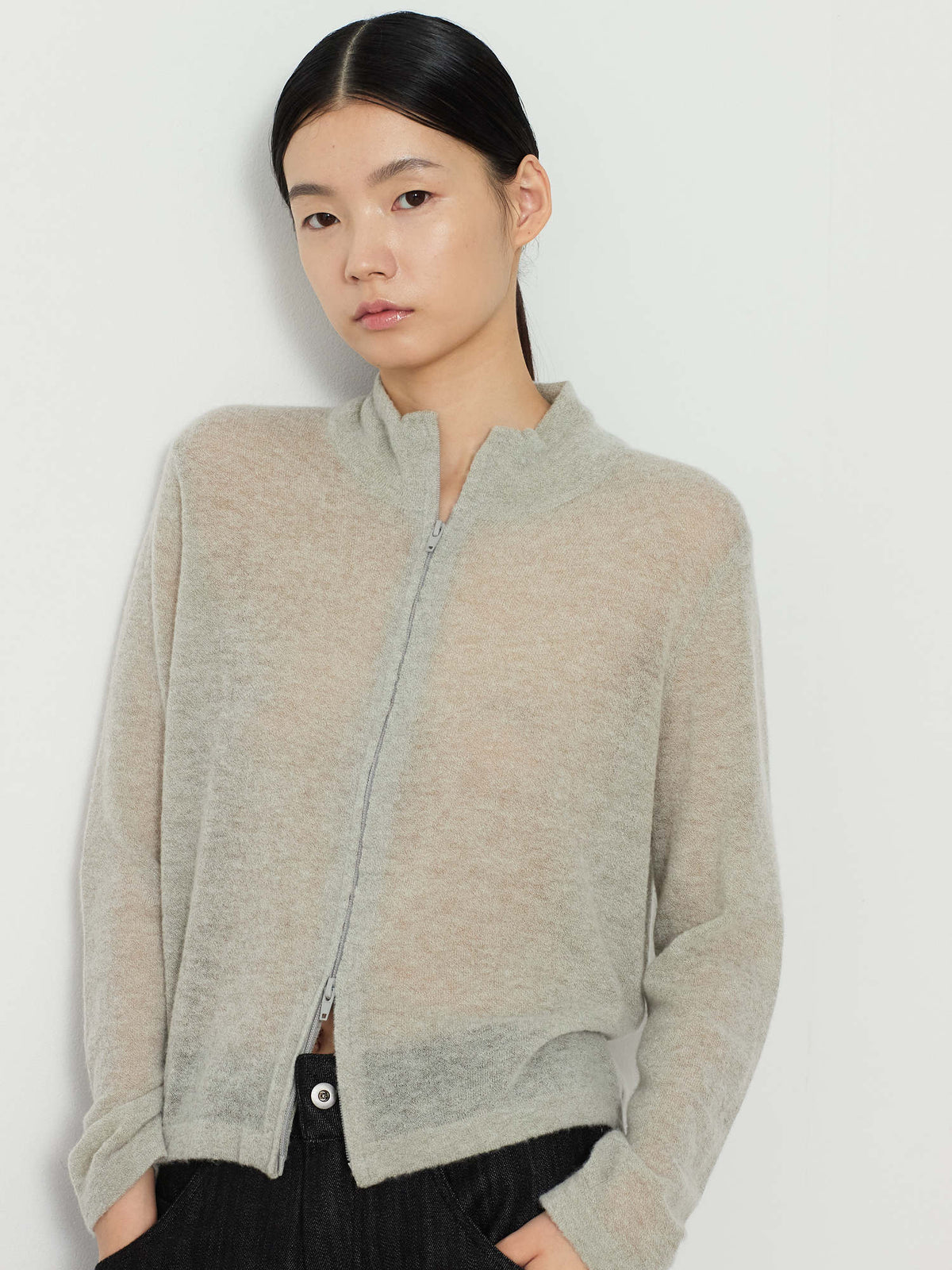 TWO-WAY ZIP-UP KNIT CARDIGAN [LIGHT KHAKI] 8