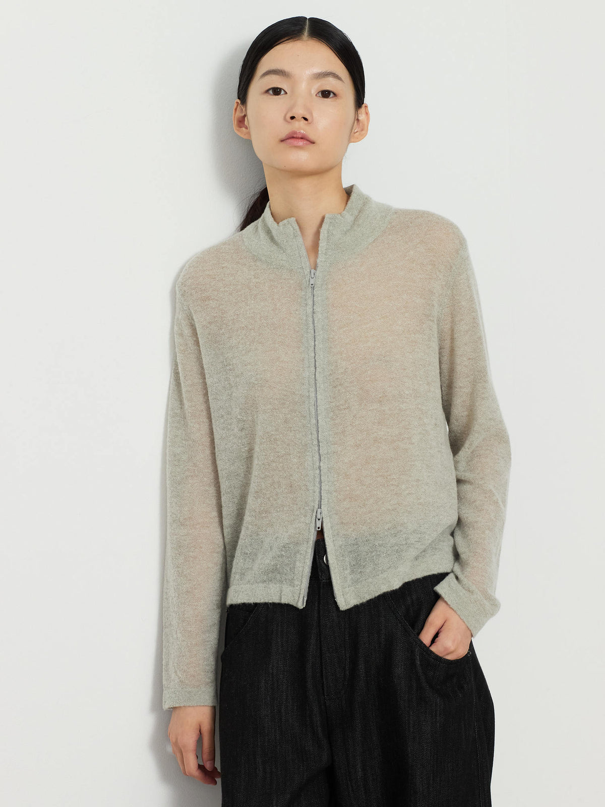 TWO-WAY ZIP-UP KNIT CARDIGAN [LIGHT KHAKI] 6