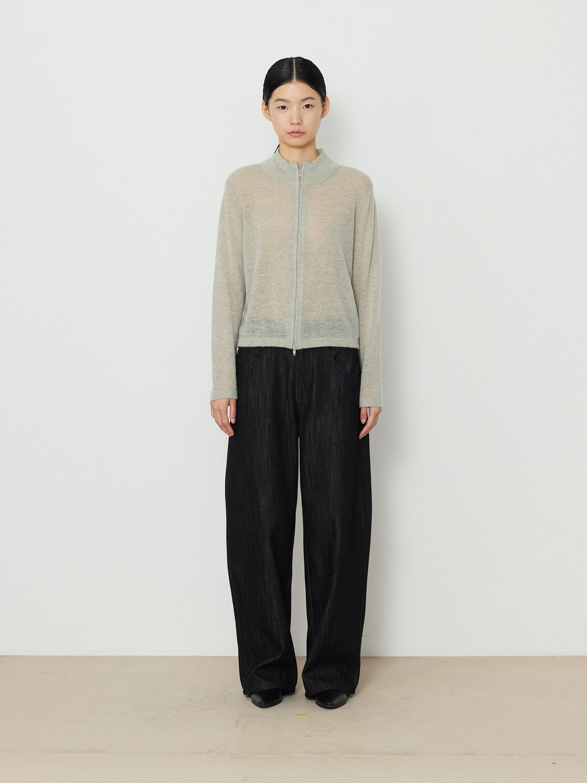 TWO-WAY ZIP-UP KNIT CARDIGAN [LIGHT KHAKI] 1