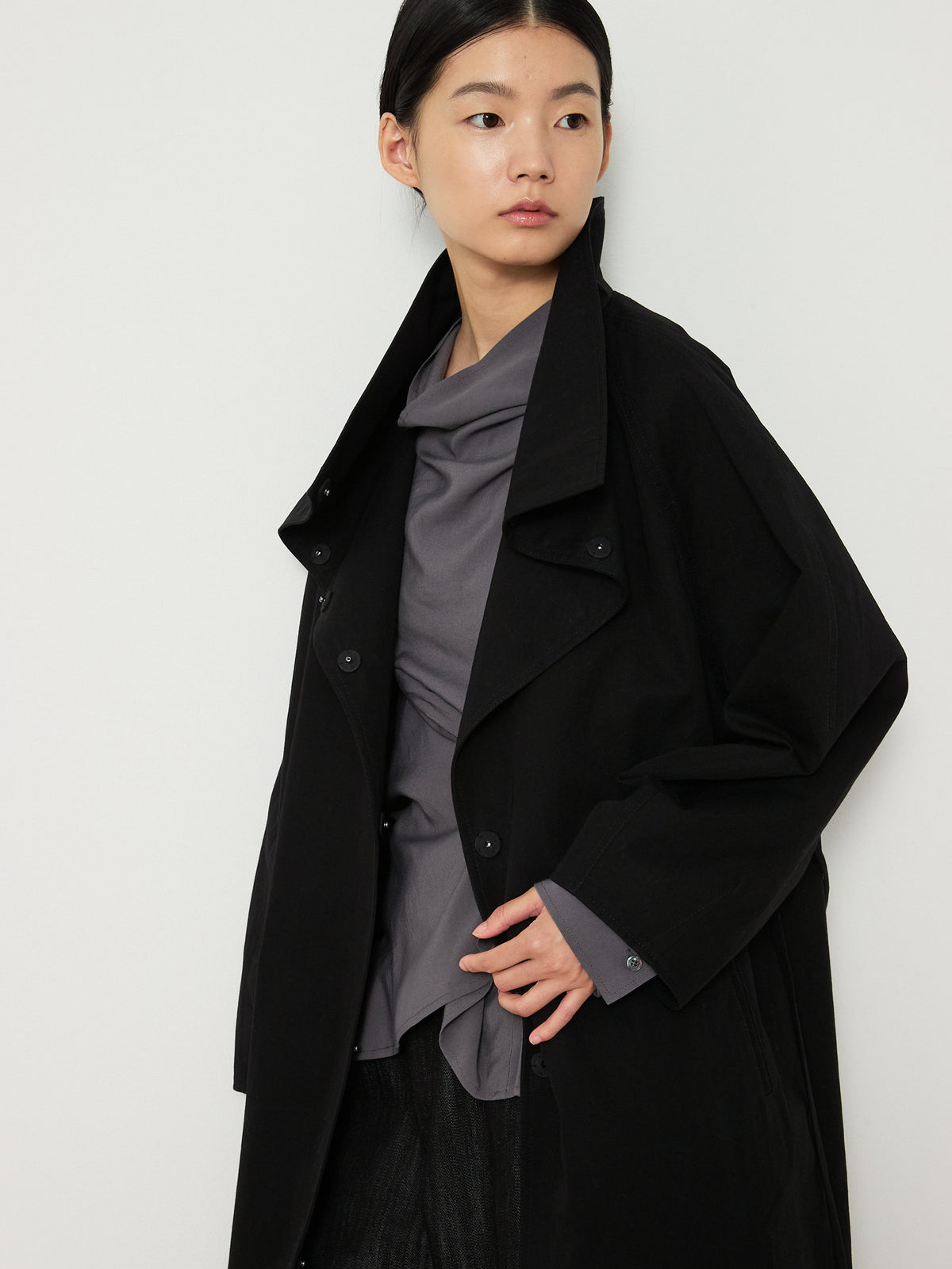 HIDDEN BUTTON LONG TRENCH COAT [BLACK] 10
