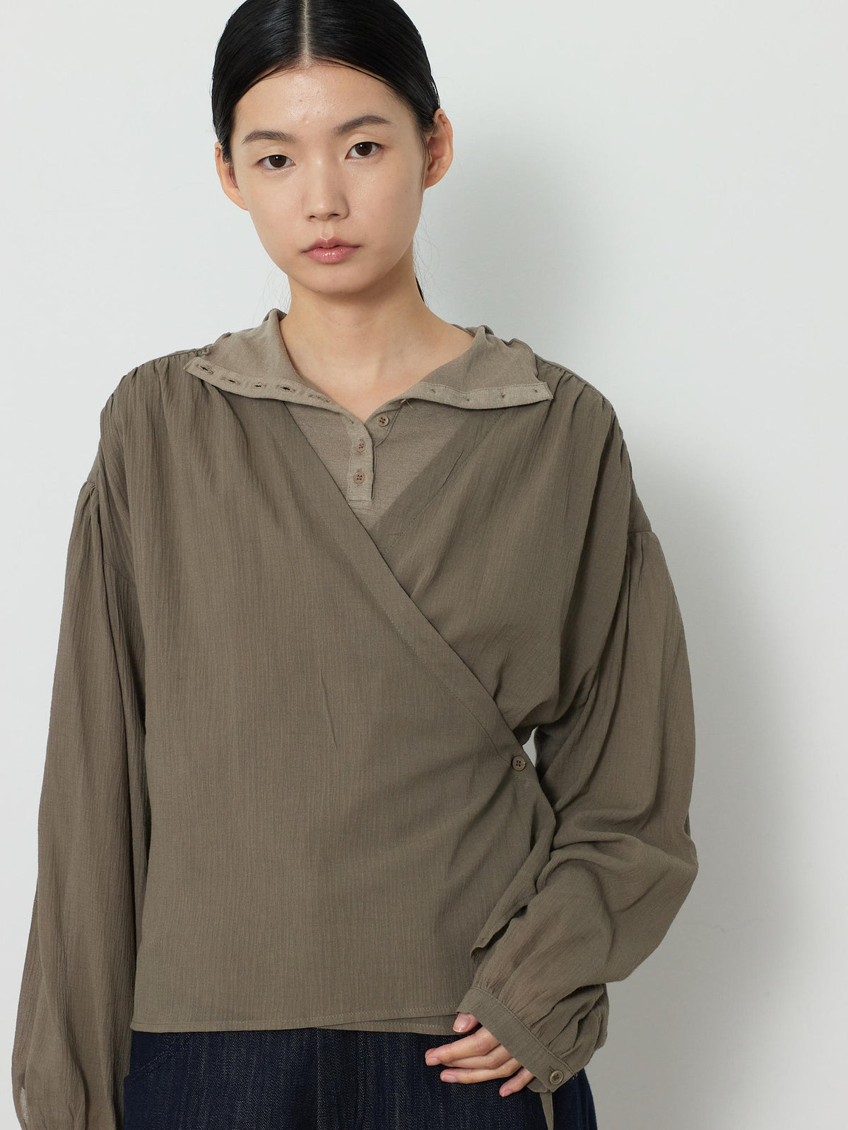 WRAP CARDIGAN BUTTON BLOUSE [KHAKI] 8