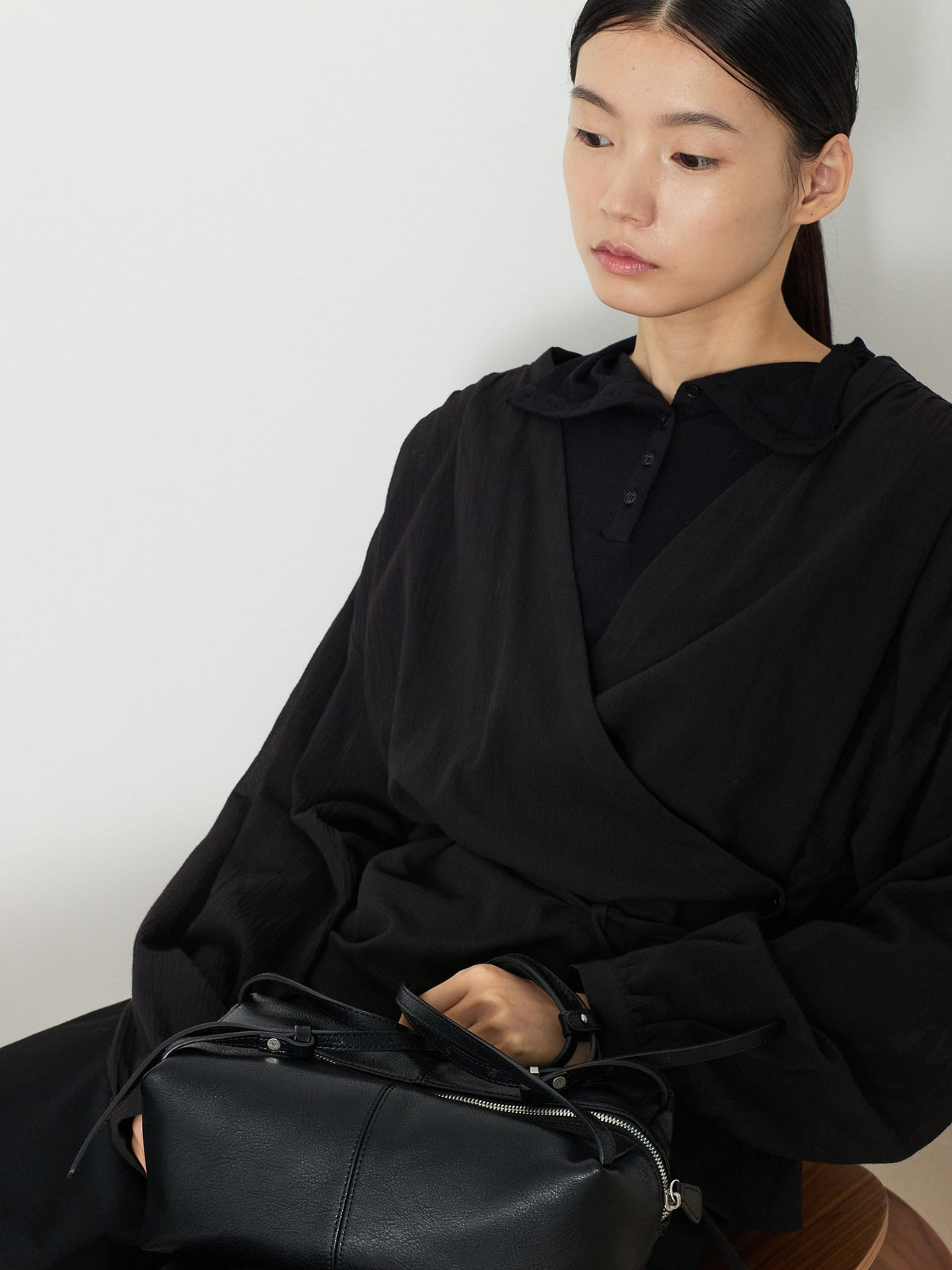 DOUBLE STRAP LEATHER BAG [BLACK] 16
