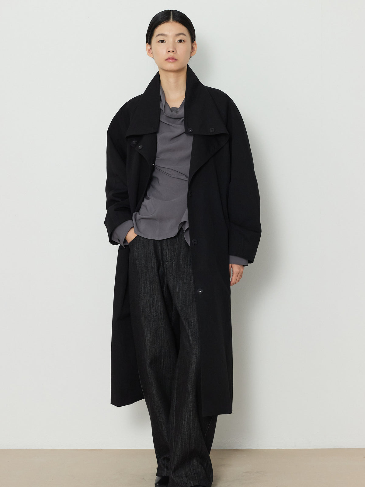HIDDEN BUTTON LONG TRENCH COAT [BLACK] 17