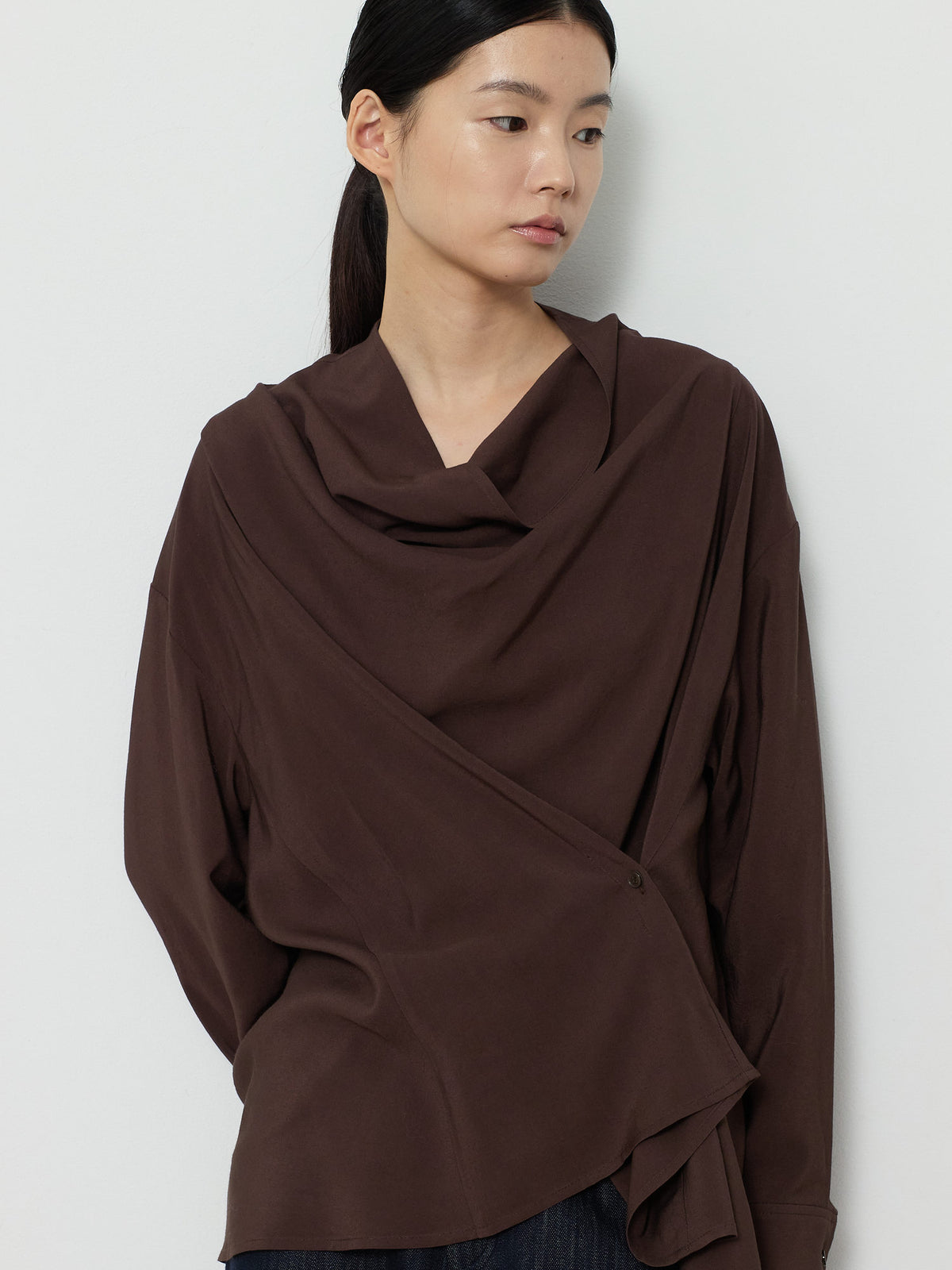 DRAPE NECK WRAP BLOUSE [BROWN] 6