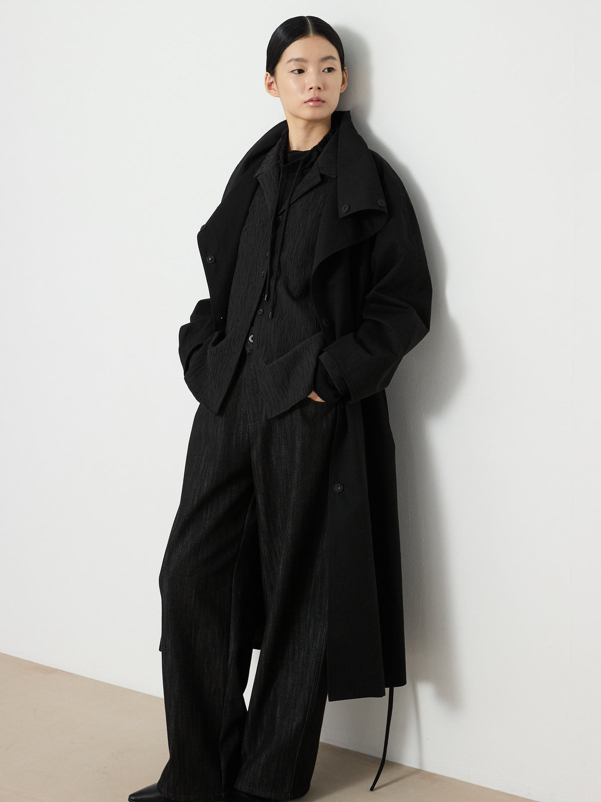 HIDDEN BUTTON LONG TRENCH COAT [BLACK] 20