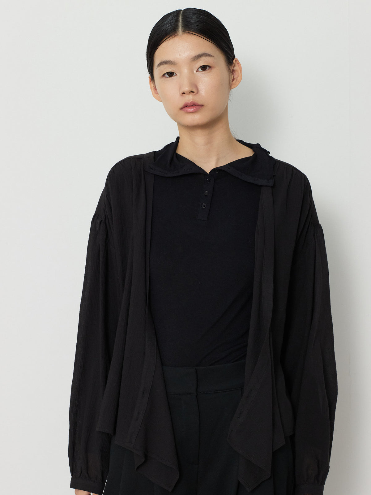 WRAP CARDIGAN BUTTON BLOUSE [BLACK] 10