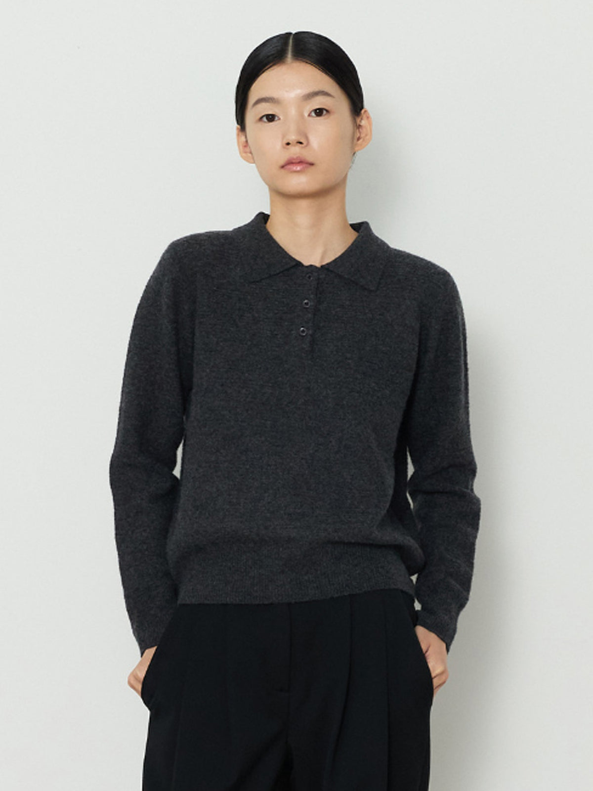 STRIPE JACQUARD COLLAR KNIT [CHARCOAL]