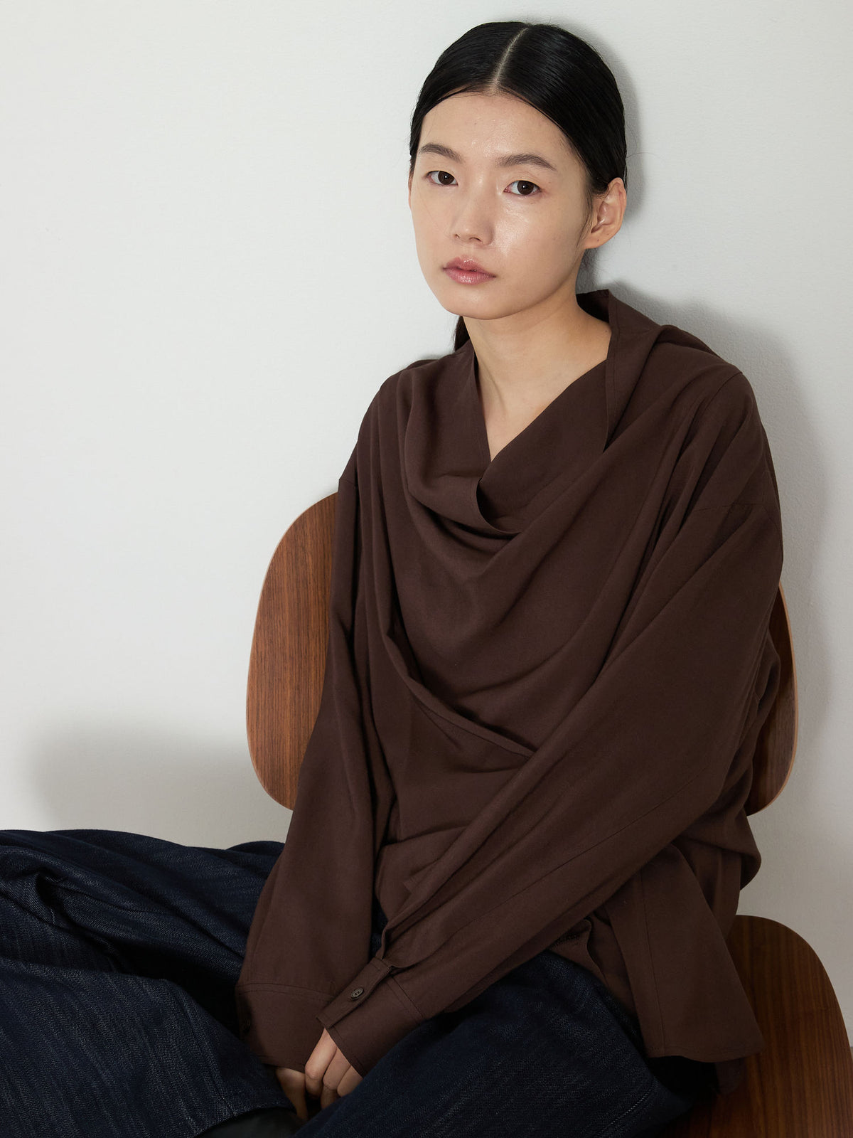 DRAPE NECK WRAP BLOUSE [BROWN] 11