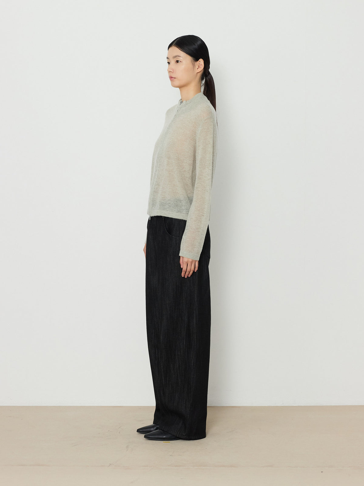 TWO-WAY ZIP-UP KNIT CARDIGAN [LIGHT KHAKI] 2
