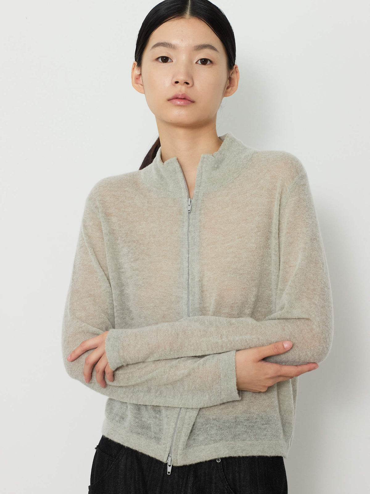 TWO-WAY ZIP-UP KNIT CARDIGAN [LIGHT KHAKI] 5
