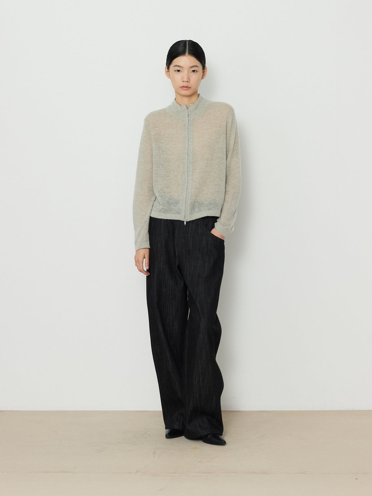 TWO-WAY ZIP-UP KNIT CARDIGAN [LIGHT KHAKI] 10