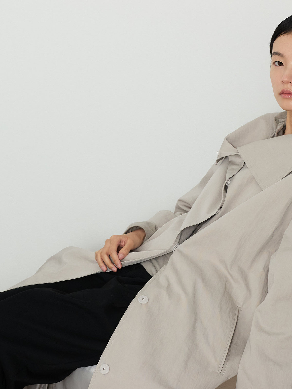 HIDDEN BUTTON LONG TRENCH COAT [LIGHT GRAY] 13
