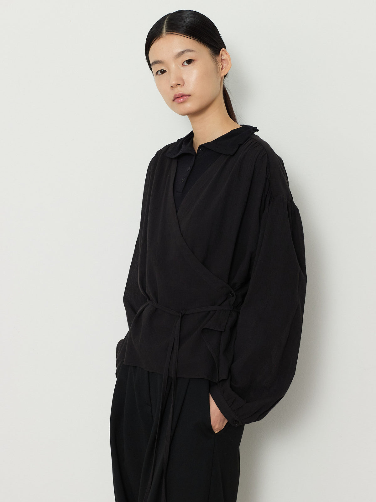 WRAP CARDIGAN BUTTON BLOUSE [BLACK] 8