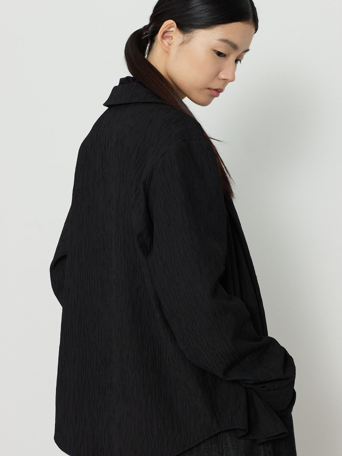 OPEN COLLAR PLEATS SHIRTS [BLACK] 10