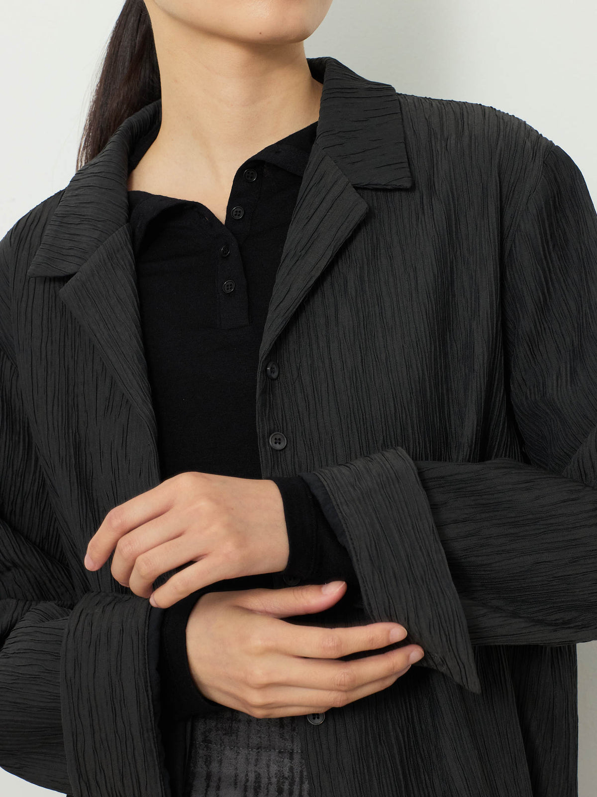 OPEN COLLAR PLEATS SHIRTS [CHARCOAL] 12