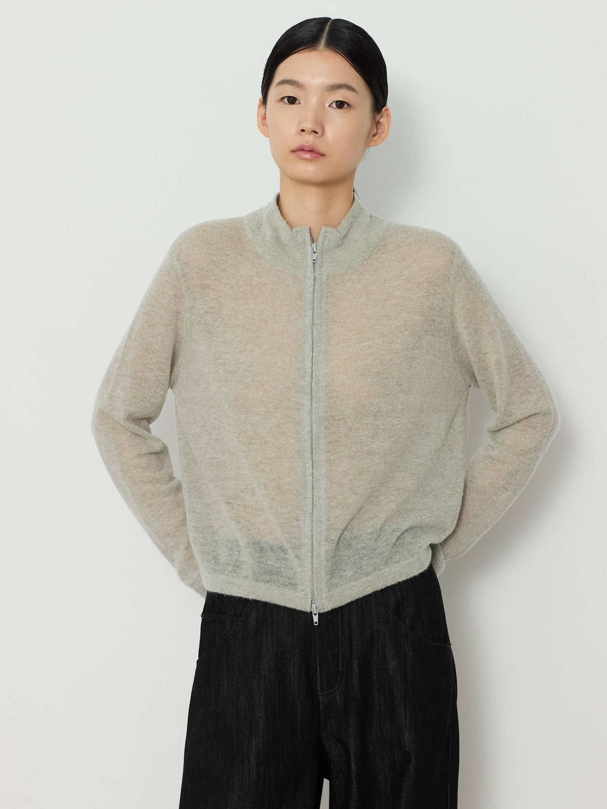 TWO-WAY ZIP-UP KNIT CARDIGAN [LIGHT KHAKI] 4
