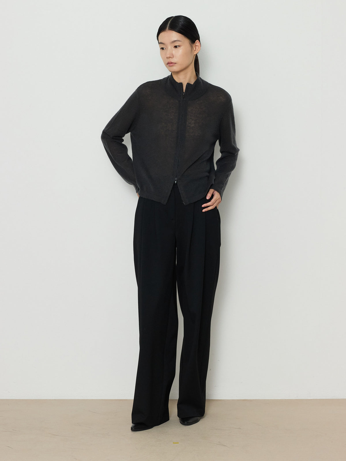 TWO-WAY ZIP-UP KNIT CARDIGAN [CHARCOAL] 12