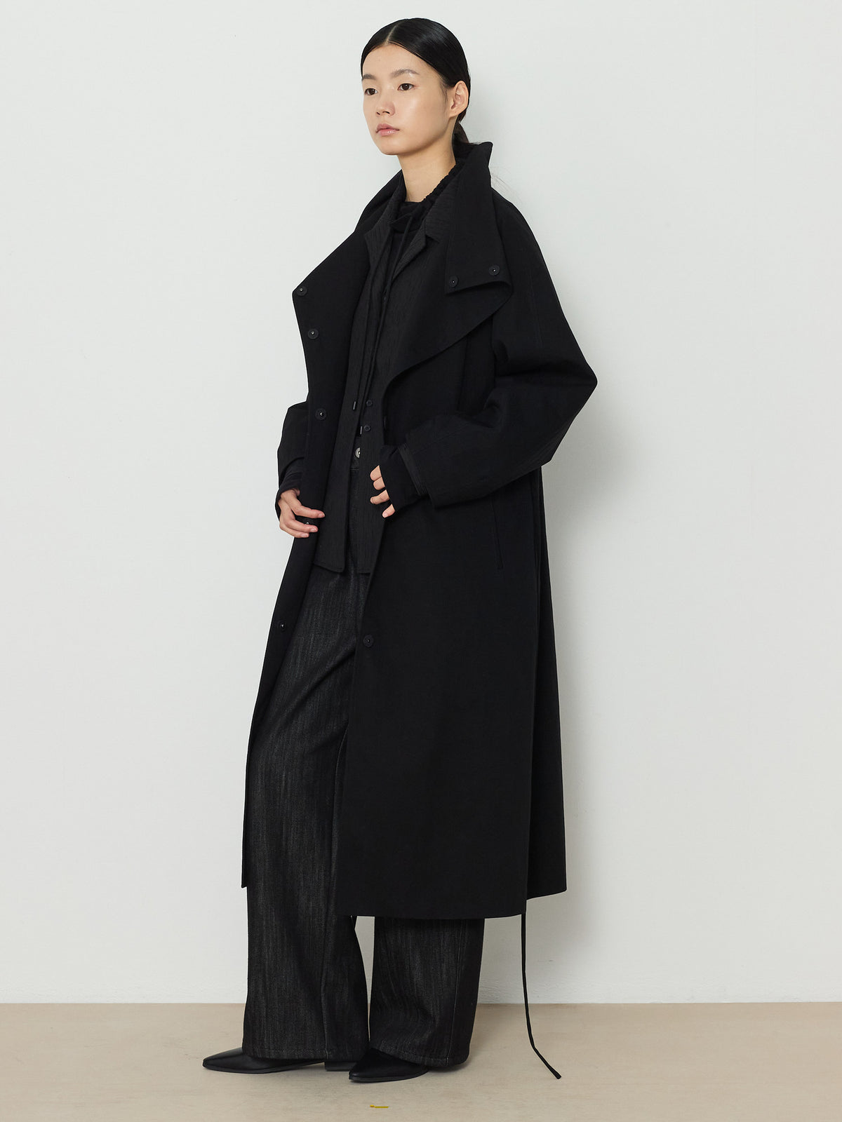 HIDDEN BUTTON LONG TRENCH COAT [BLACK] 19